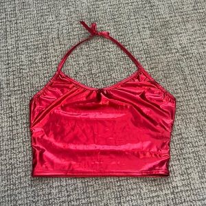 Red metallic cropped tie halter top.